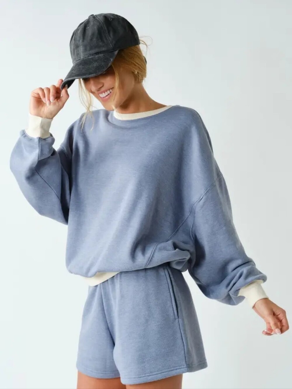 Mono B Light Blue Crewneck Sweatshirt with Cream Trim